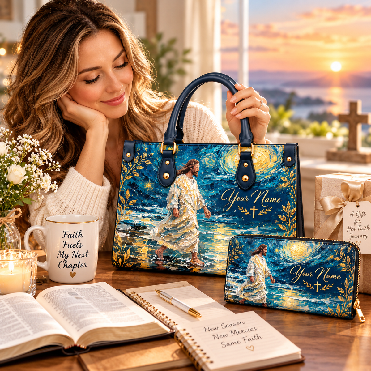 Personalized Starry Ocean Walk PU Leather Handbag & Leather Long Wallet
