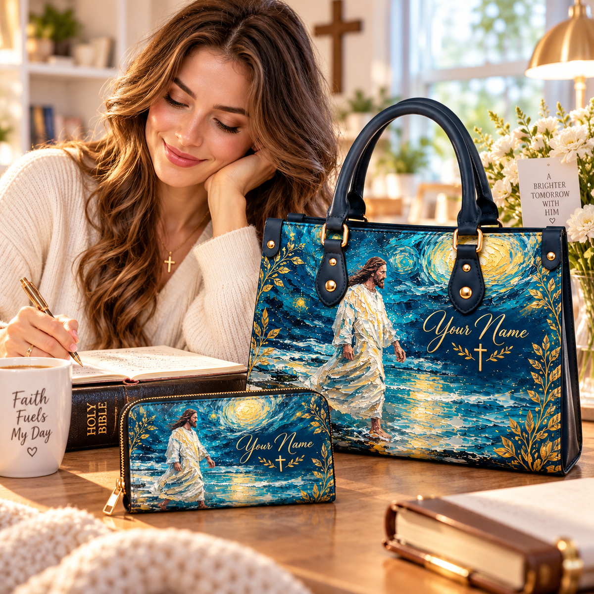 Personalized Starry Ocean Walk PU Leather Handbag & Leather Long Wallet