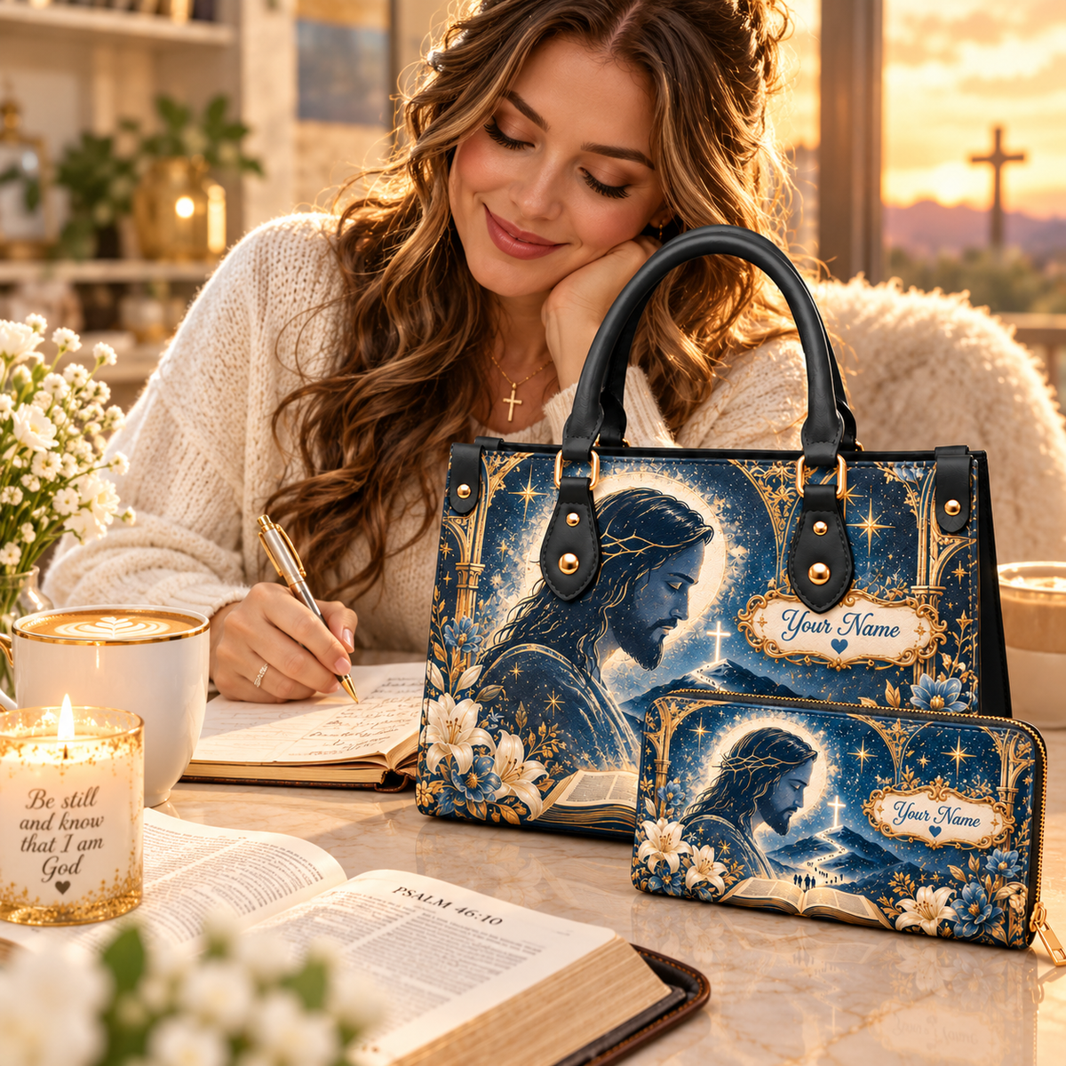 Personalized Starry Floral Portrait PU Leather Handbag & Leather Long Wallet