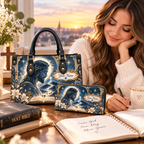 Personalized Starry Floral Portrait PU Leather Handbag & Leather Long Wallet