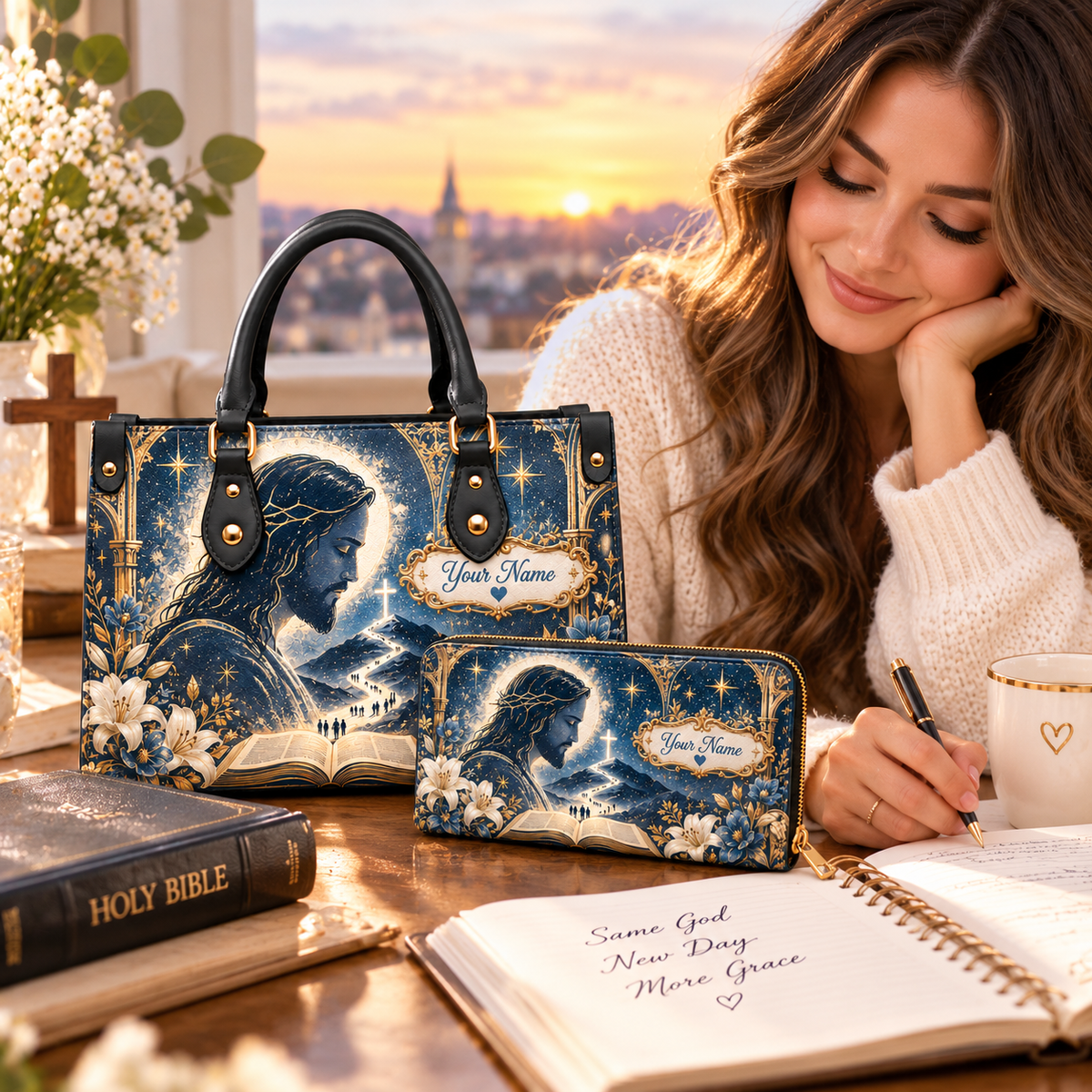 Personalized Starry Floral Portrait PU Leather Handbag & Leather Long Wallet