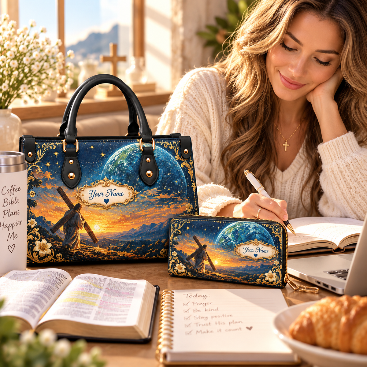 Personalized Cosmic Sunset Landscape PU Leather Handbag & Leather Long Wallet