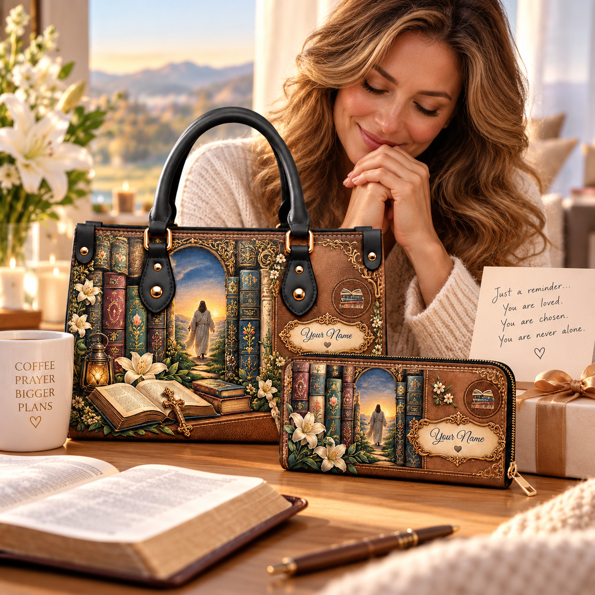 Personalized Vintage Book Archway PU Leather Handbag & Leather Long Wallet