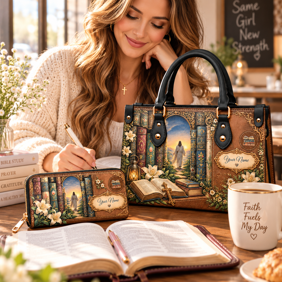 Personalized Vintage Book Archway PU Leather Handbag & Leather Long Wallet