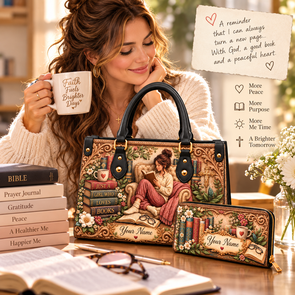 Personalized Cozy Reading Girl PU Leather Handbag & Leather Long Wallet