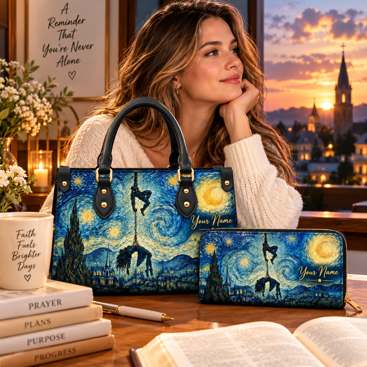 Starry Night Swinging Duo Personalized PU Leather Handbag & Leather Long Wallet