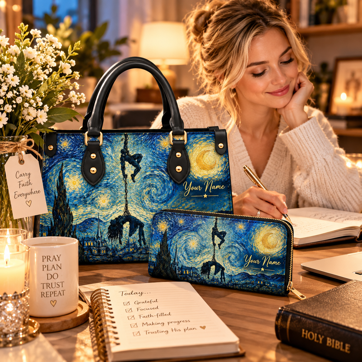 Starry Night Swinging Duo Personalized PU Leather Handbag & Leather Long Wallet