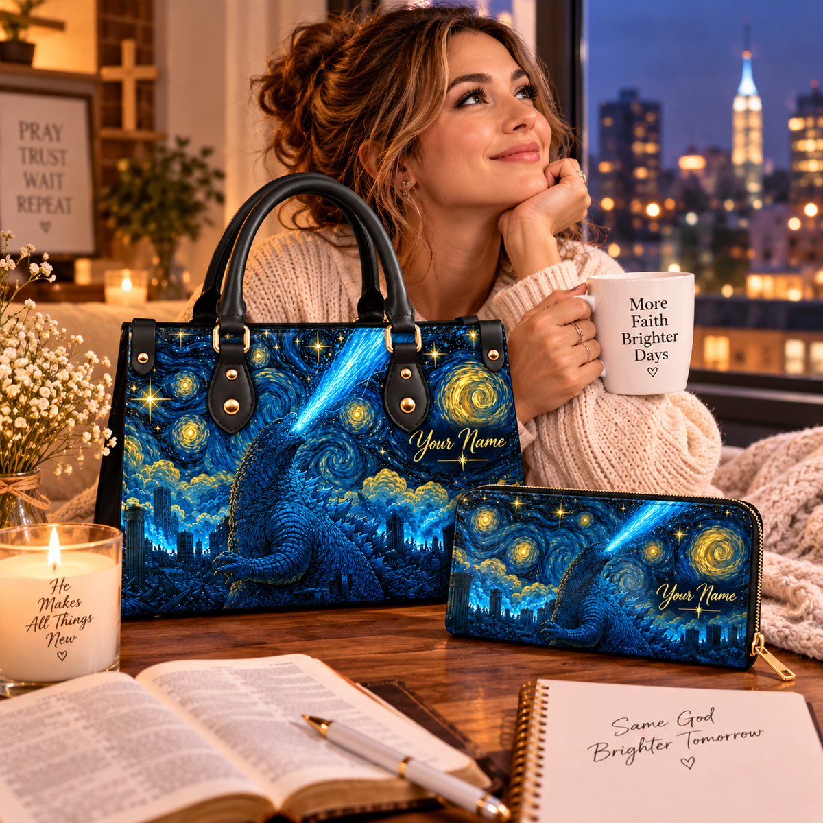 Starry Blue Monster Personalized PU Leather Handbag & Leather Long Wallet