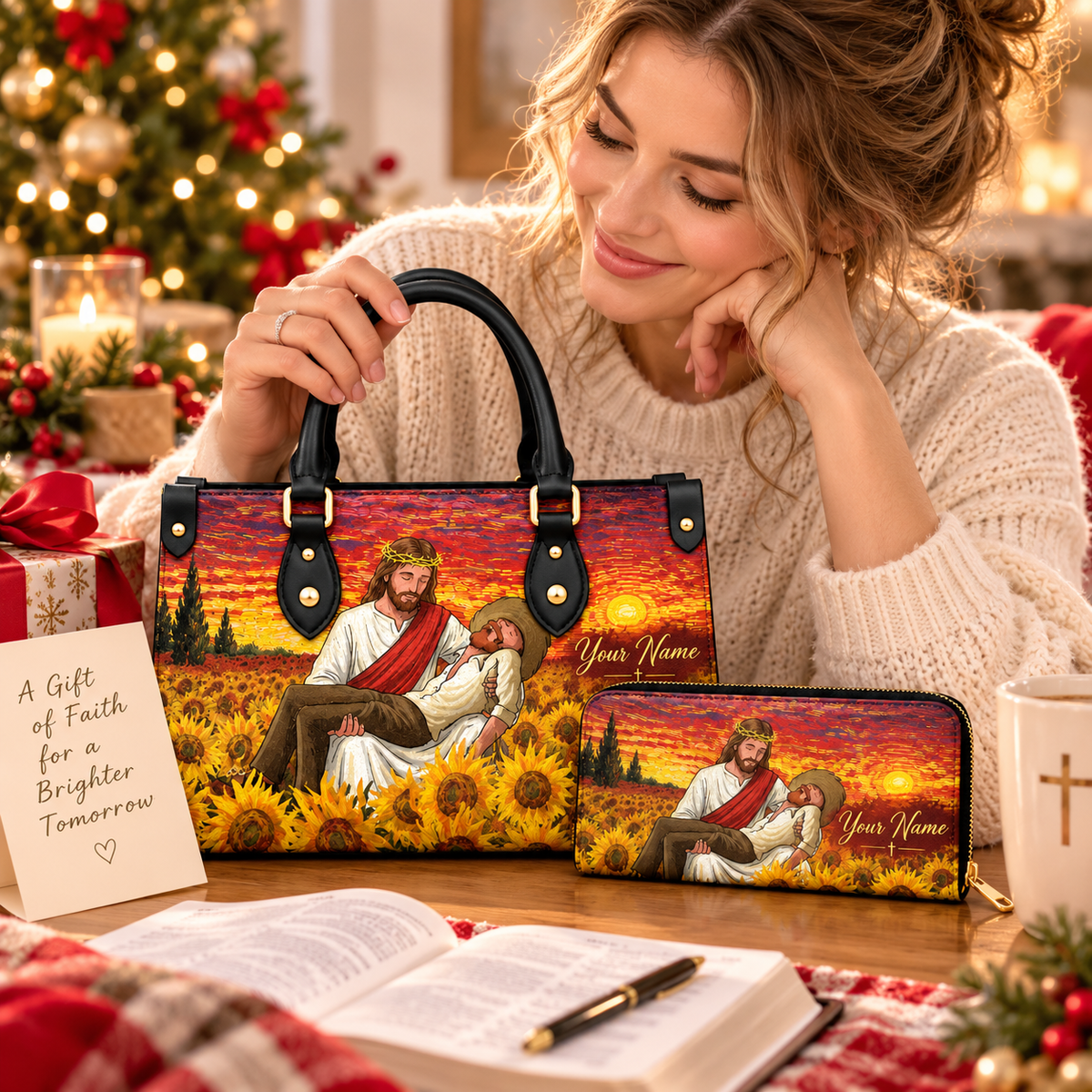 Sunset Sunflower Embrace Personalized PU Leather Handbag & Leather Long Wallet