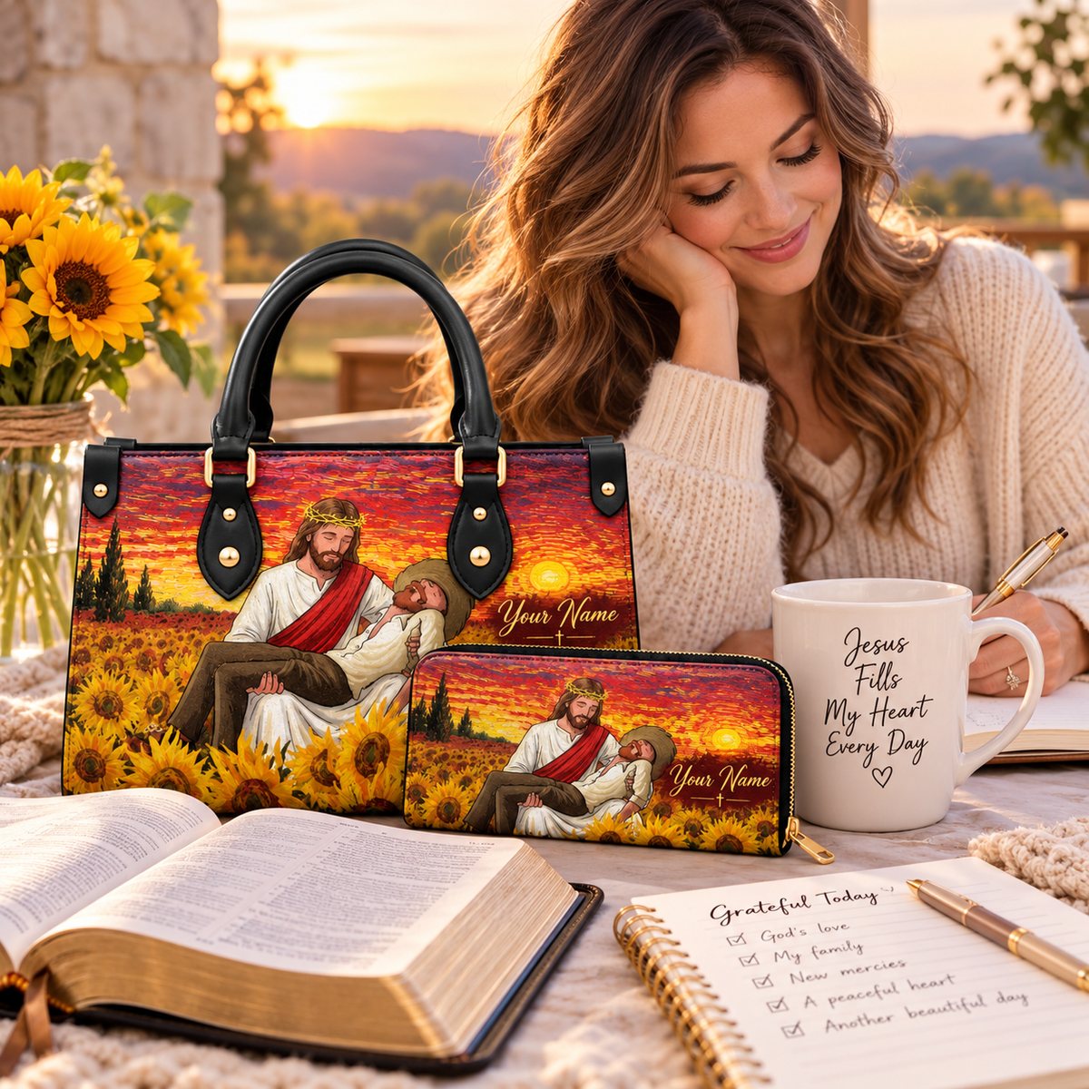 Sunset Sunflower Embrace Personalized PU Leather Handbag & Leather Long Wallet