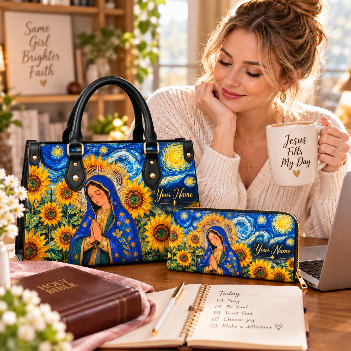 Starry Sunflower Portrait Personalized PU Leather Handbag & Leather Long Wallet