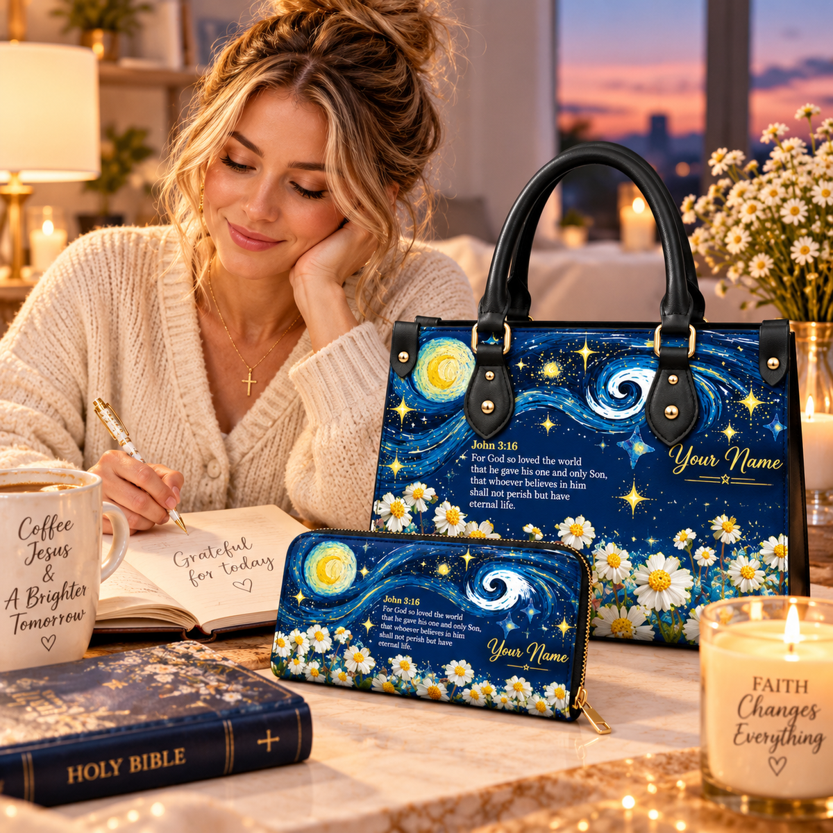 Starry White Flowers Personalized PU Leather Handbag & Leather Long Wallet