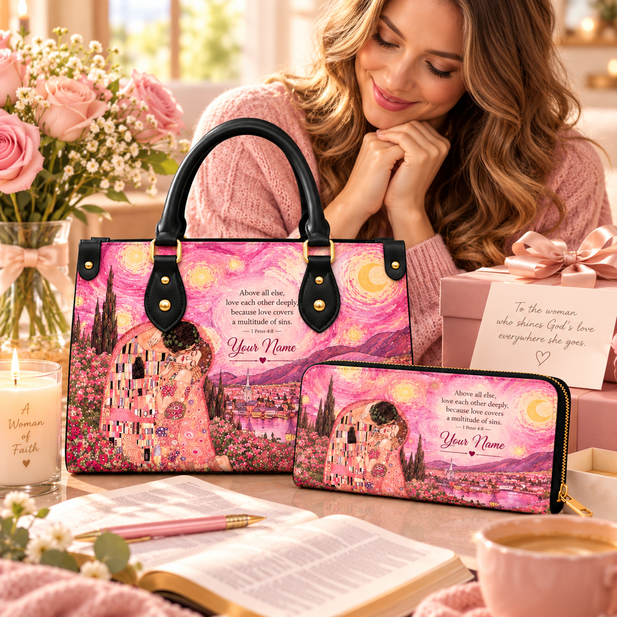 Pink Starry Embrace Personalized PU Leather Handbag & Leather Long Wallet