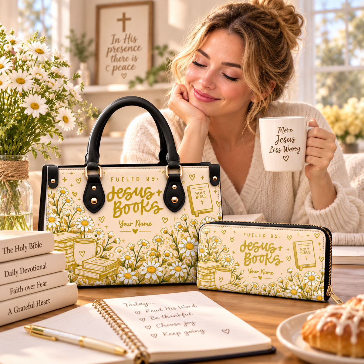 Cream Daisy Books Personalized PU Leather Handbag & Leather Long Wallet