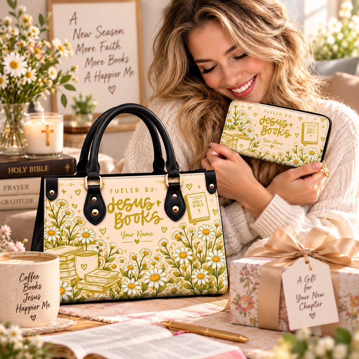 Cream Daisy Books Personalized PU Leather Handbag & Leather Long Wallet