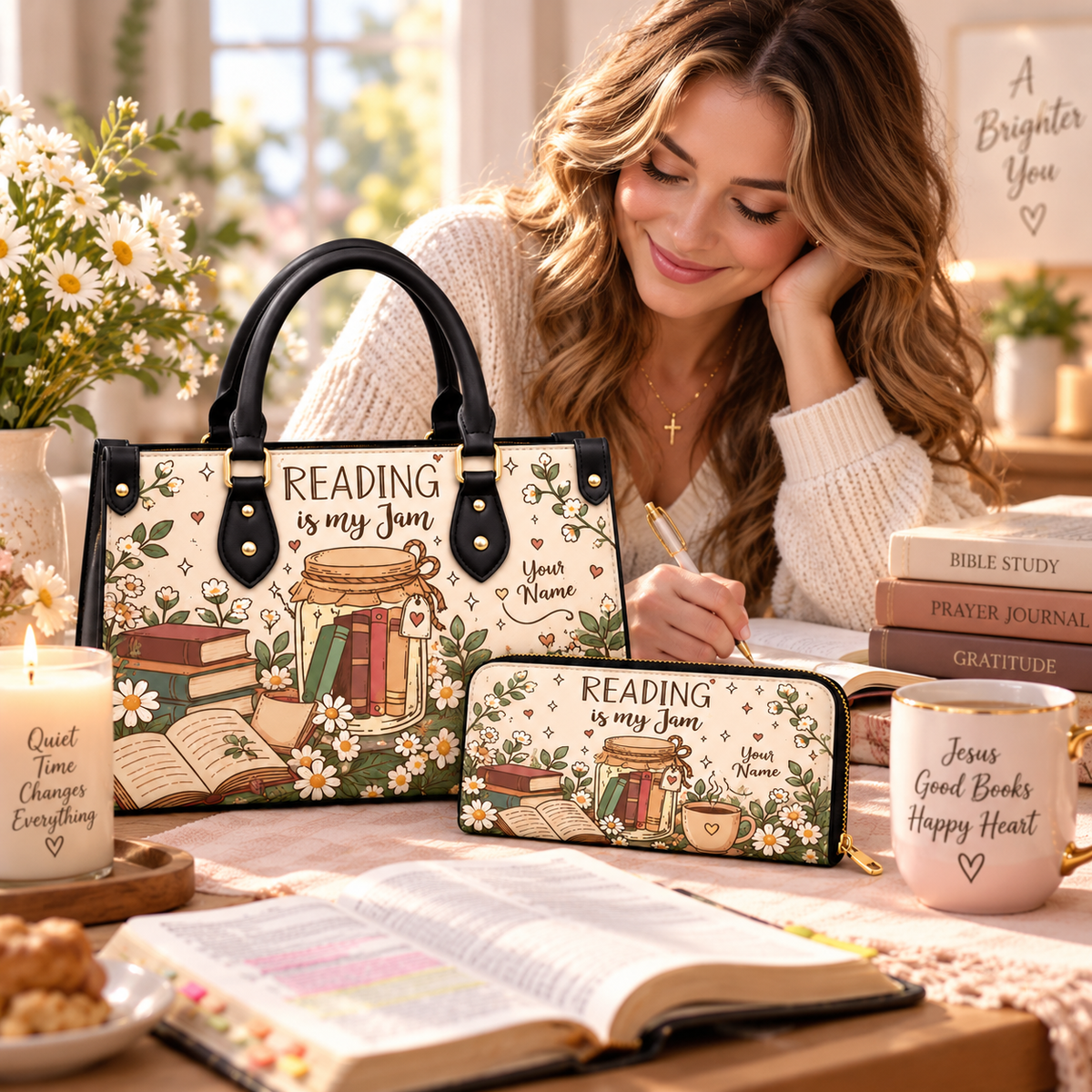 Reading Jam Book Jar Personalized PU Leather Handbag & Leather Long Wallet
