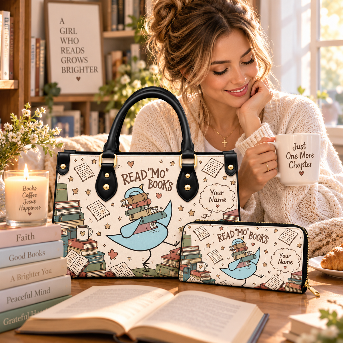 Blue Bird Book Stack Personalized PU Leather Handbag & Leather Long Wallet