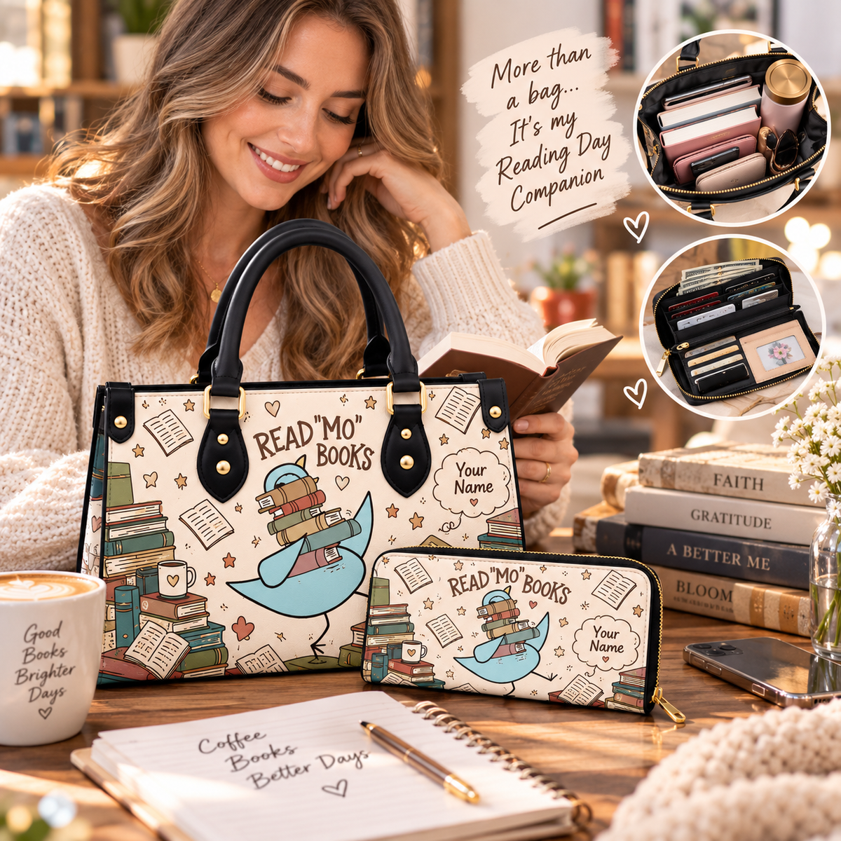 Blue Bird Book Stack Personalized PU Leather Handbag & Leather Long Wallet