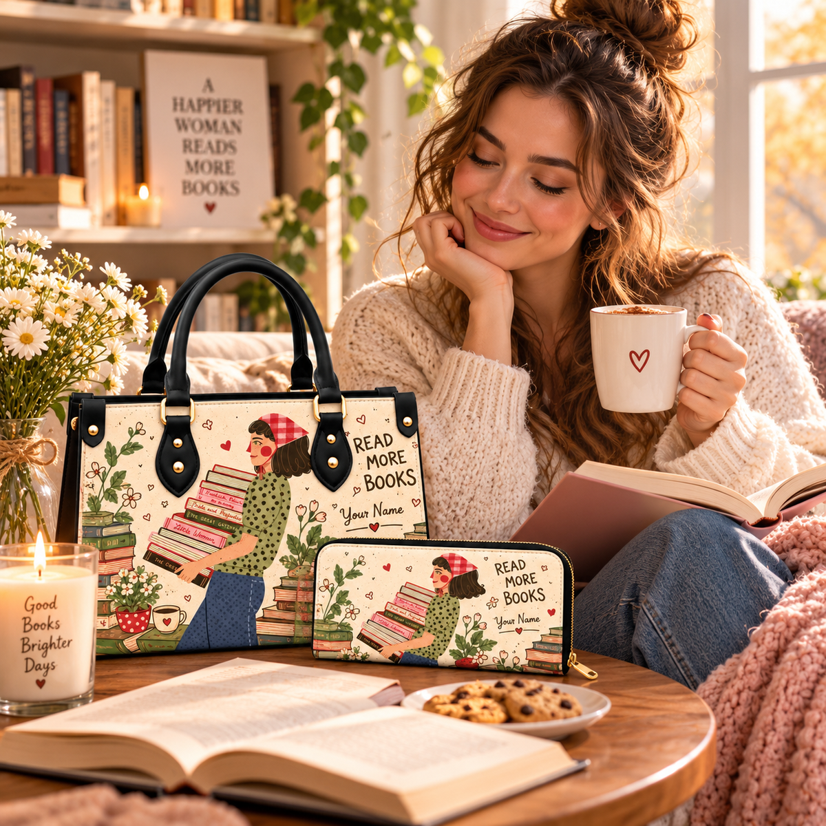 Vintage Book Girl Personalized PU Leather Handbag & Leather Long Wallet