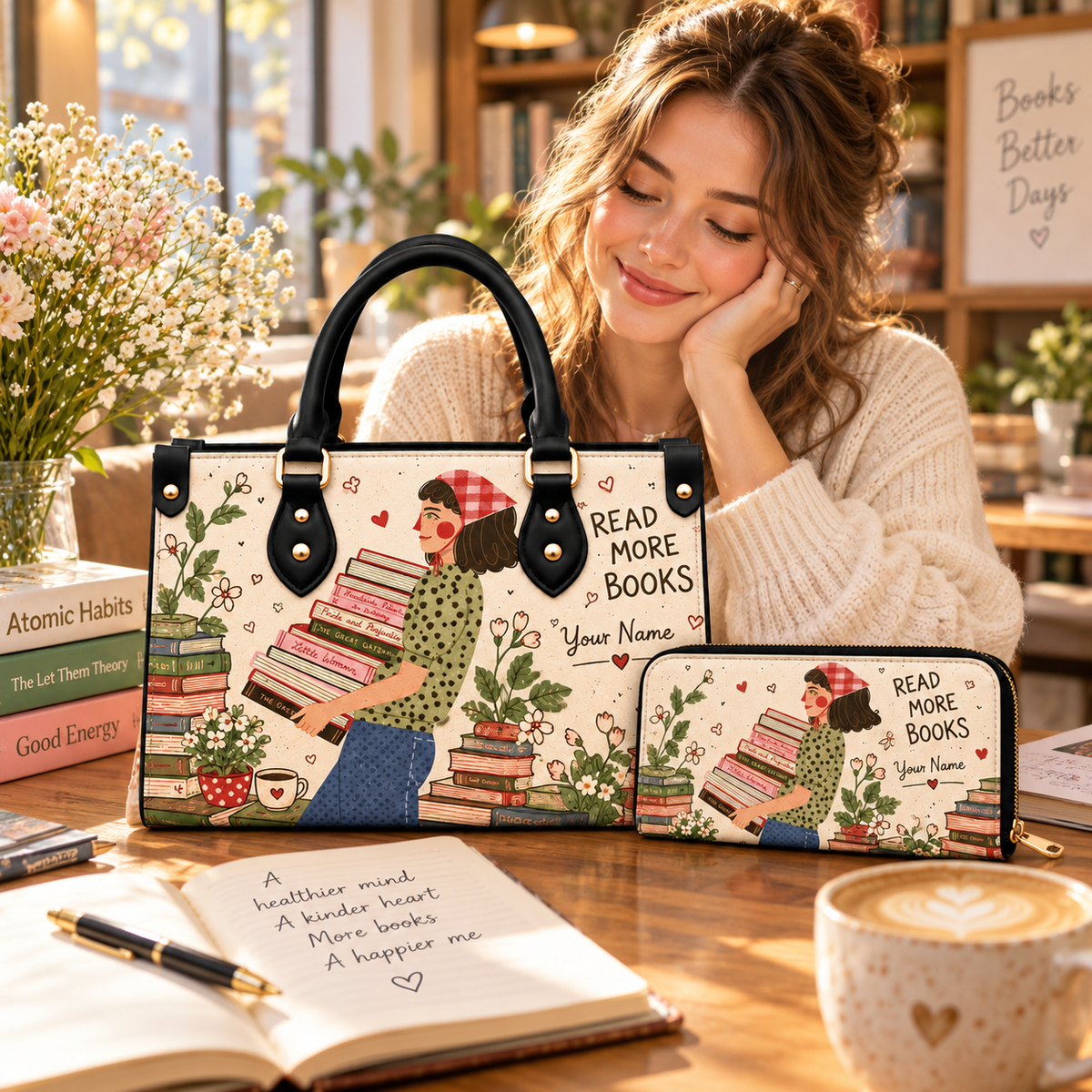 Vintage Book Girl Personalized PU Leather Handbag & Leather Long Wallet