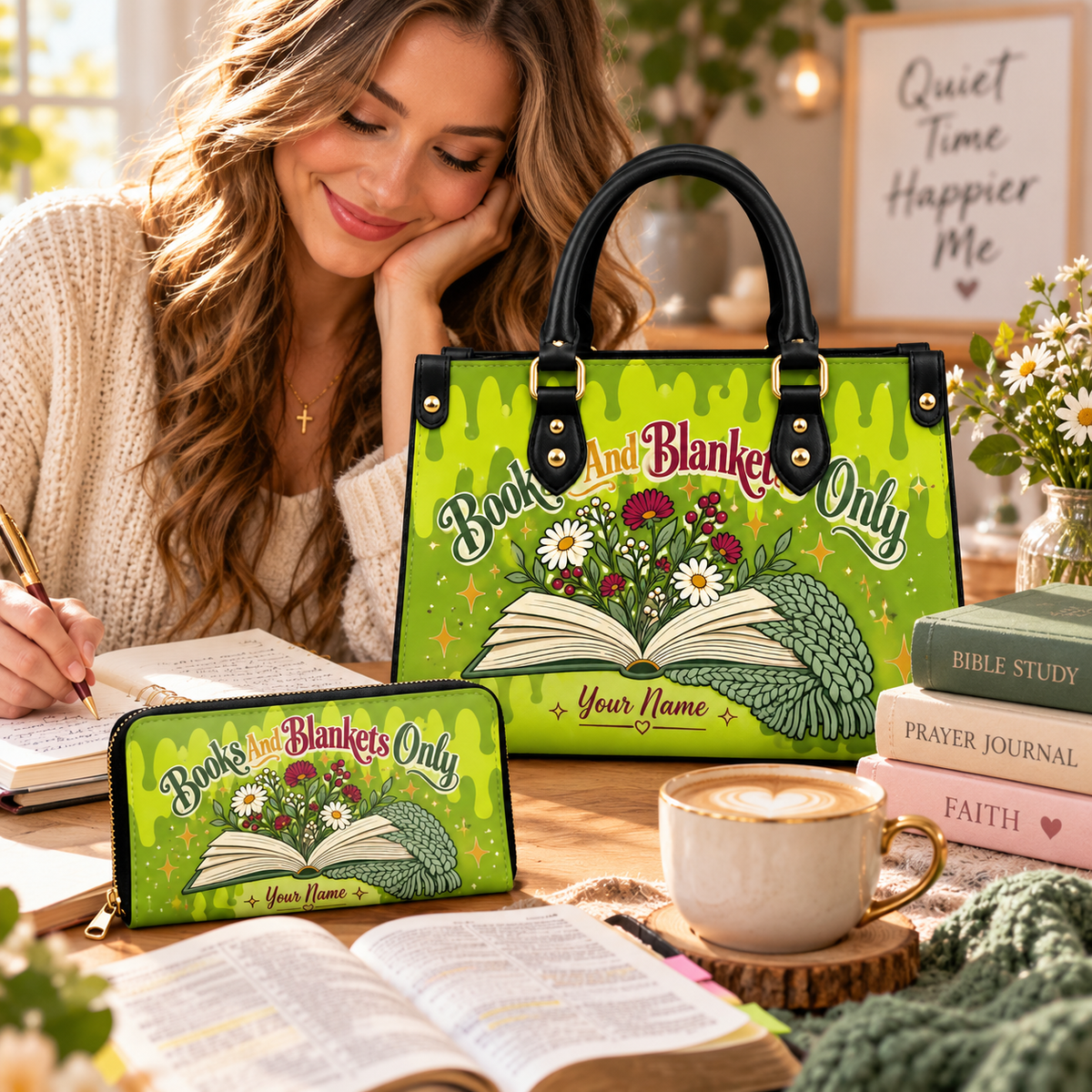 Green Floral Books and Blankets Personalized PU Leather Handbag & Leather Long Wallet