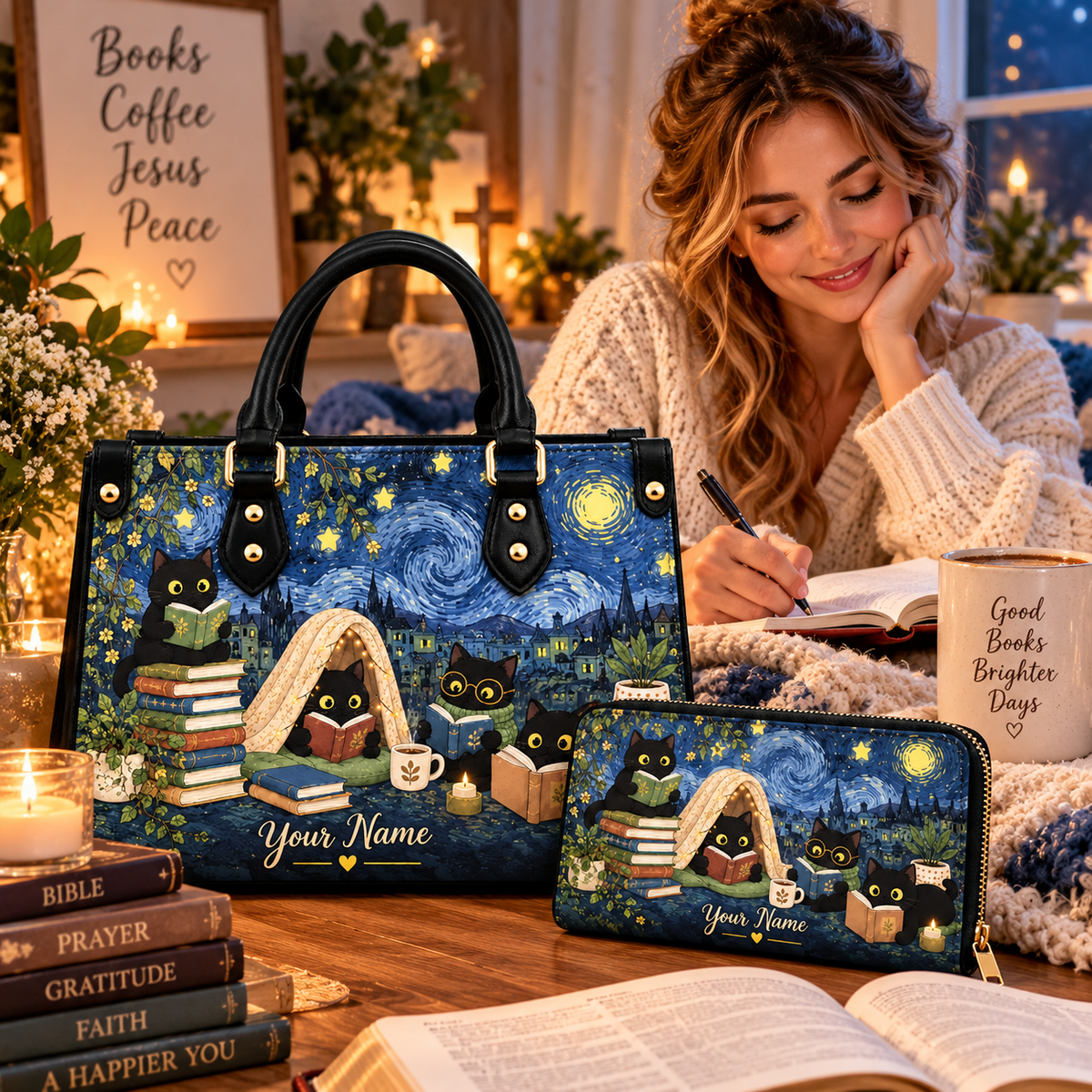 Starry Reading Cats Personalized PU Leather Handbag & Leather Long Wallet