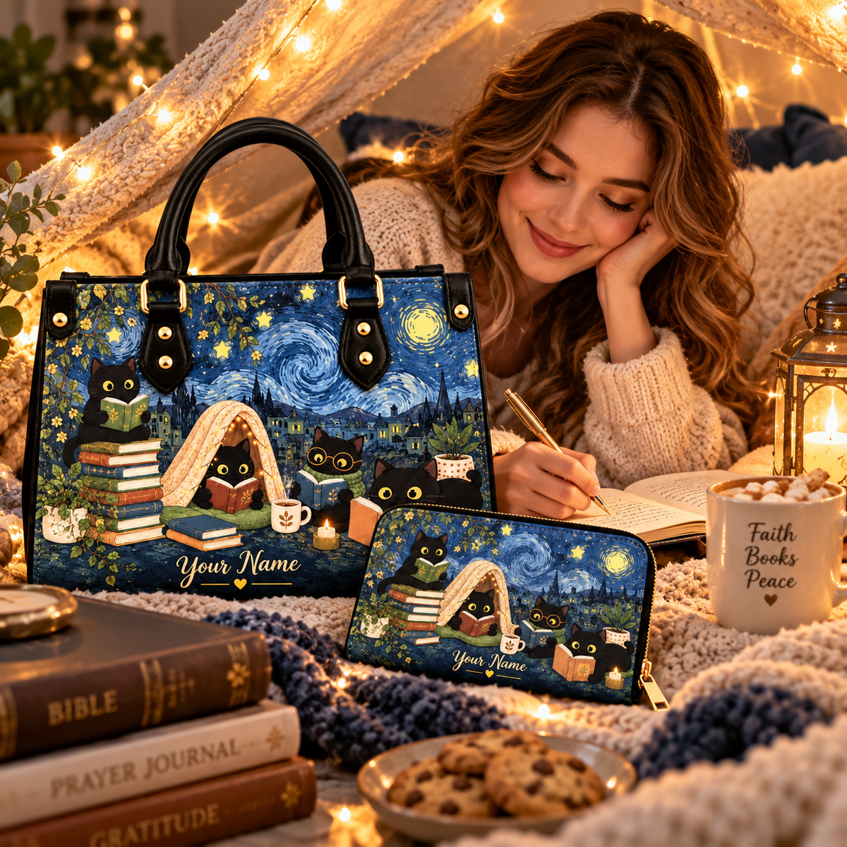 Starry Reading Cats Personalized PU Leather Handbag & Leather Long Wallet