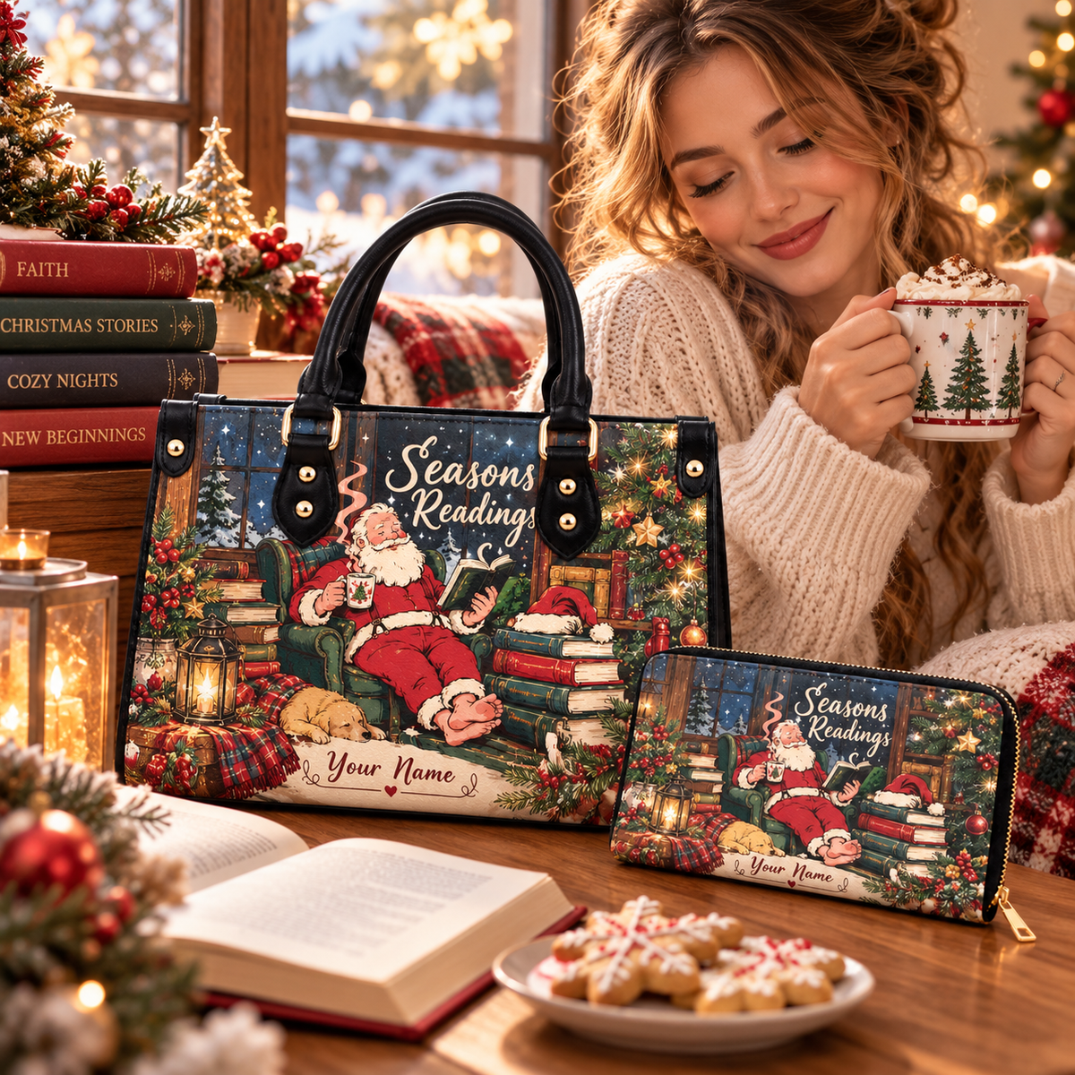 Cozy Festive Reading Personalized PU Leather Handbag & Leather Long Wallet