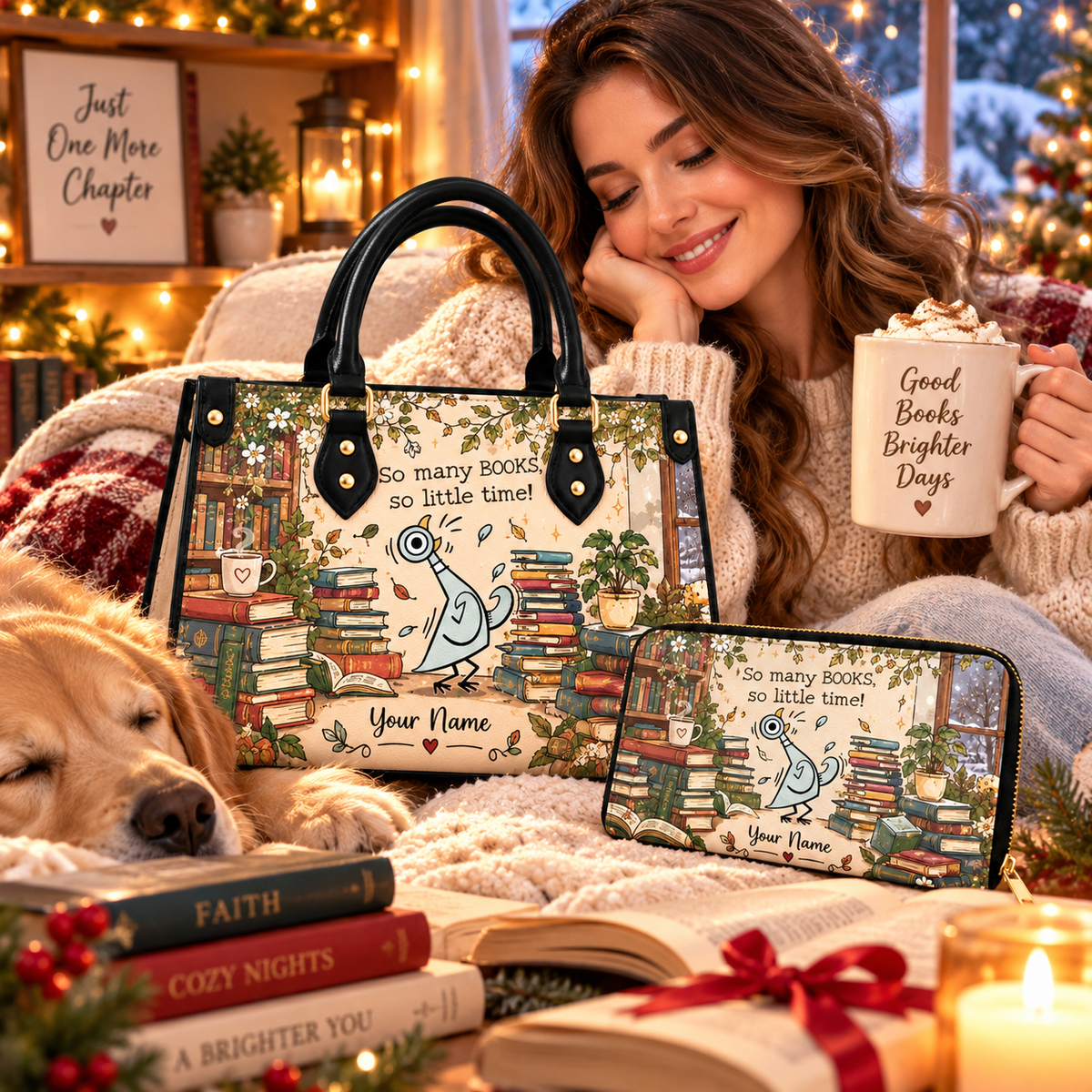 Cozy Bookish Bird Personalized PU Leather Handbag & Leather Long Wallet
