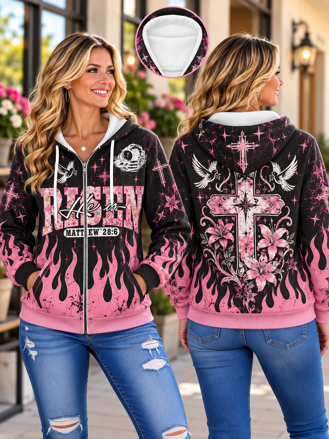 He Is Risen Cross Floral Zip Hoodie
