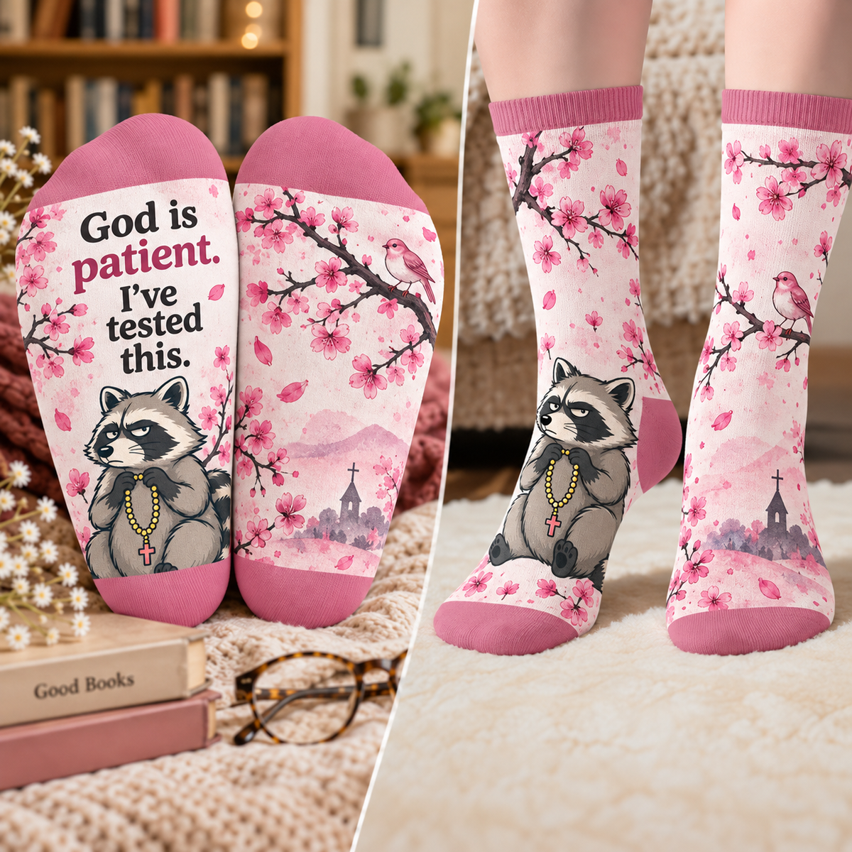 God Is Patient I've Tested This Raccoon Mid-Tube Socks