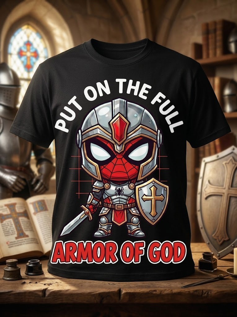 Put On the Full Armor of God T-Shirt – Chibi Christian Warrior | Ephesians 6:11 | Fun Faith Shirt