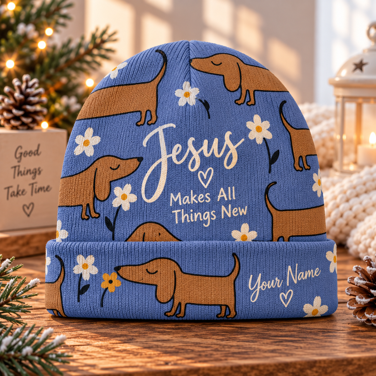 Personalized Dachshund Daisy Blue Beanie Hat