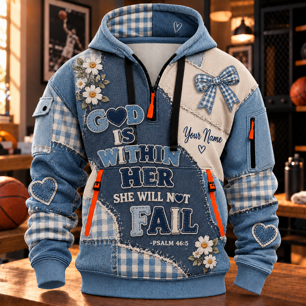 Personalized Blue Daisy Bow Half-Zip Hoodie