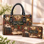 Personalized Sleeping Cat Books PU Leather Handbag & Leather Long Wallet