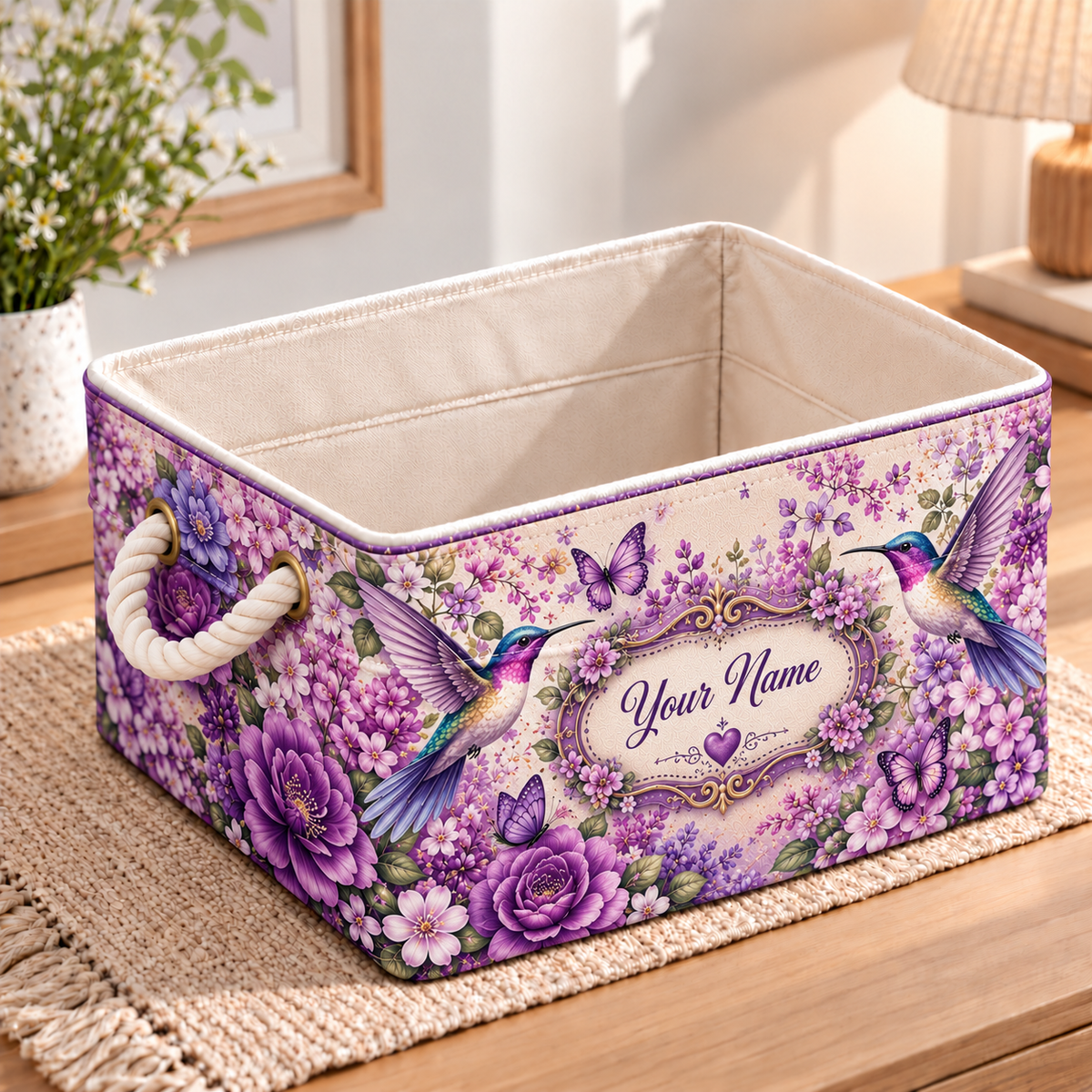Personalized Purple Hummingbird Floral Storage Basket