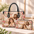 Personalized Floral Crown PU Leather Handbag & Leather Long Wallet