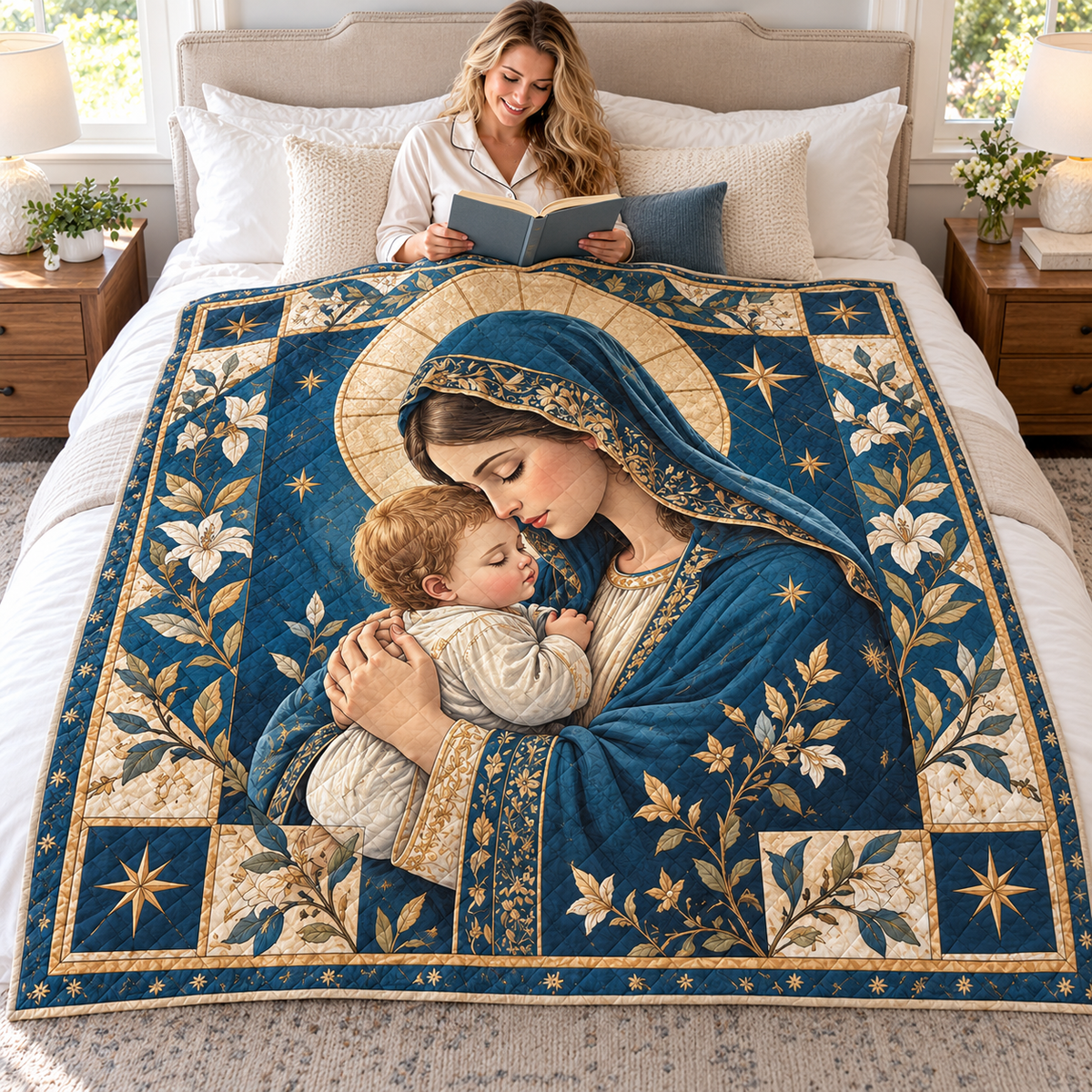 Mother and Child Blue Floral Quilt