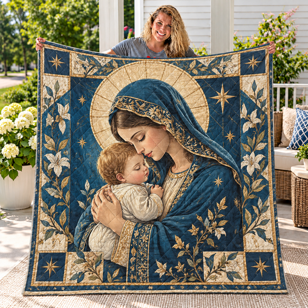 Mother and Child Blue Floral Quilt