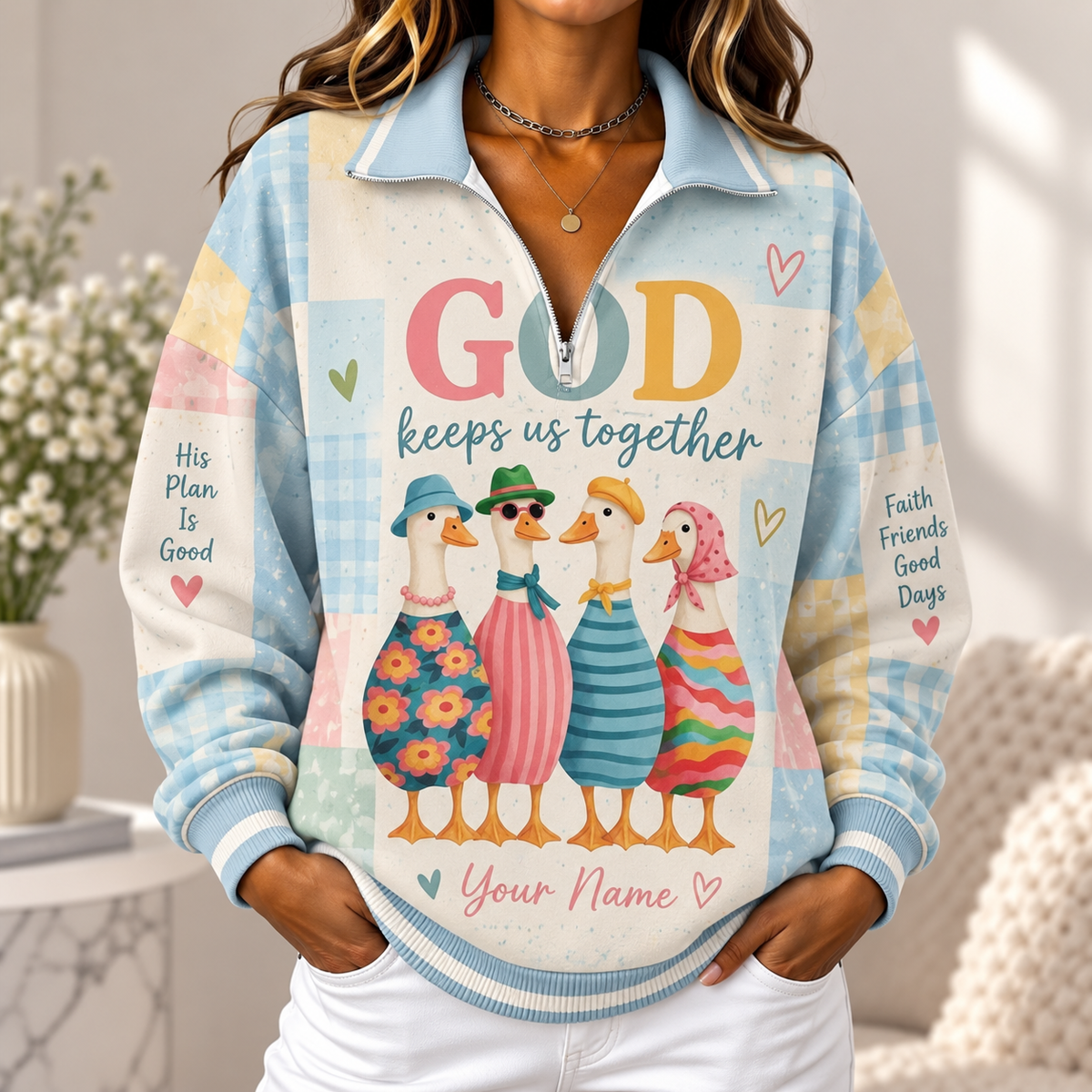 Personalized Colorful Goose Friends Women's Half-zip Sweatshirt NWY076