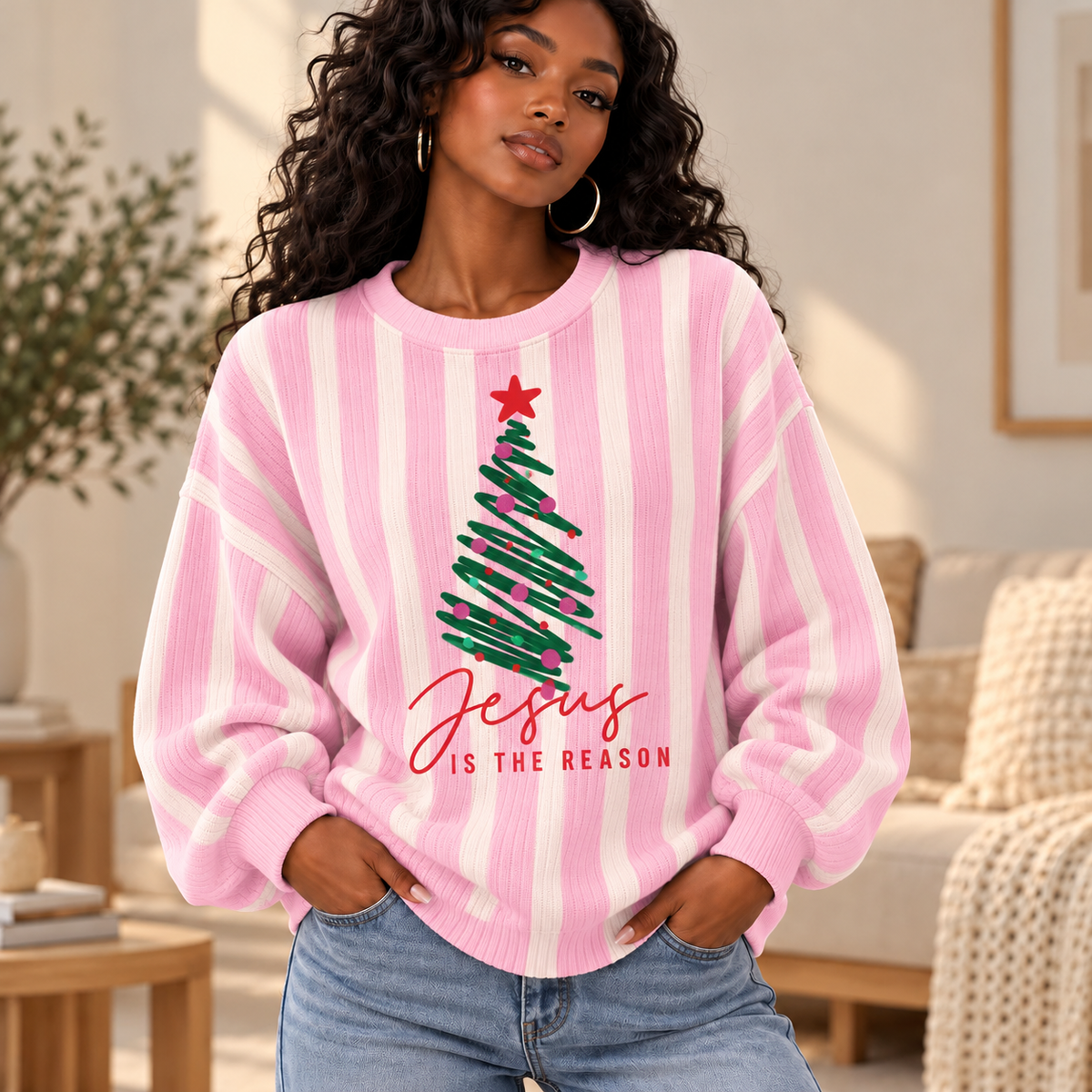 Pink Striped Green Tree Waffle Sweatshirt