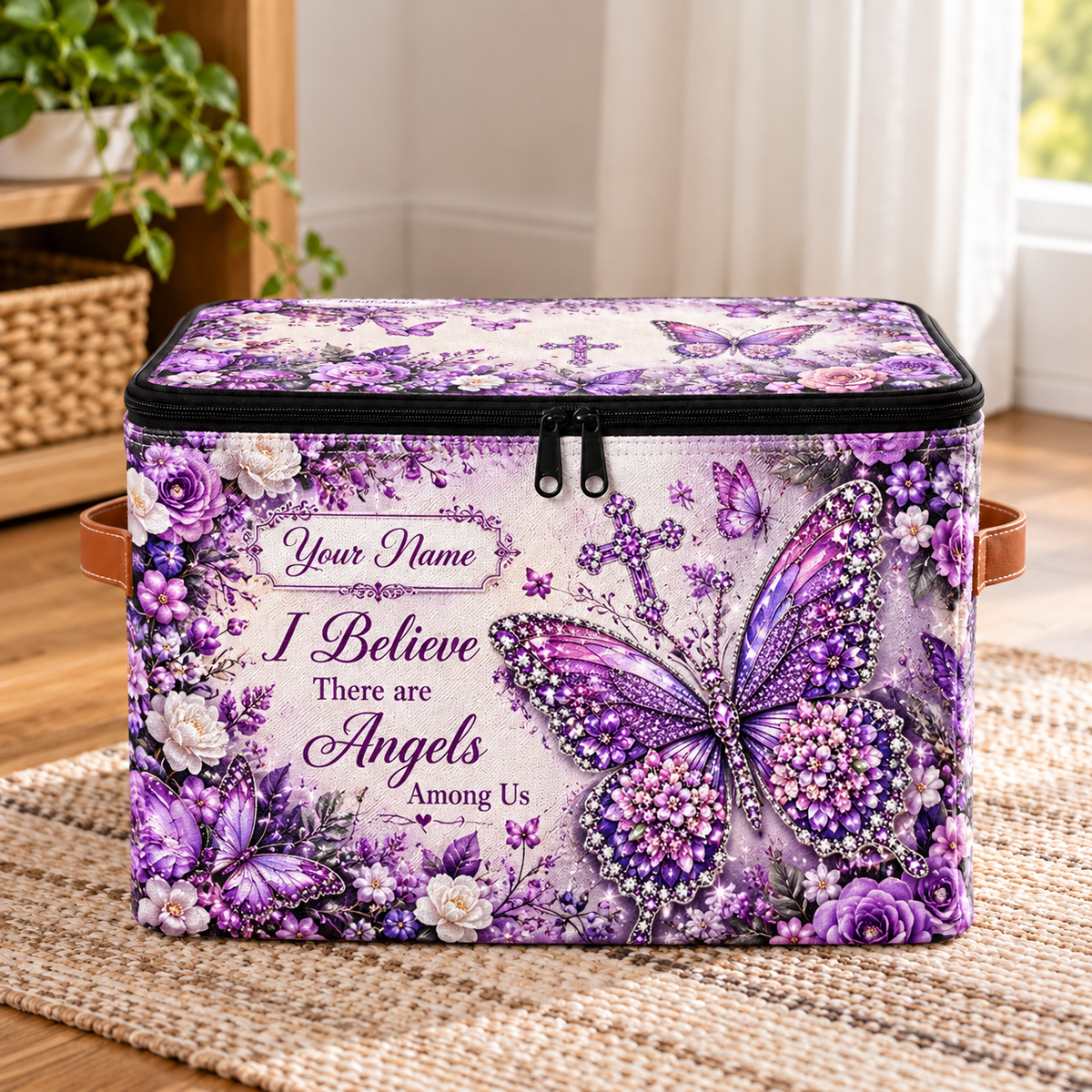 Personalized Jeweled Butterfly Square Storage Basket With Lid