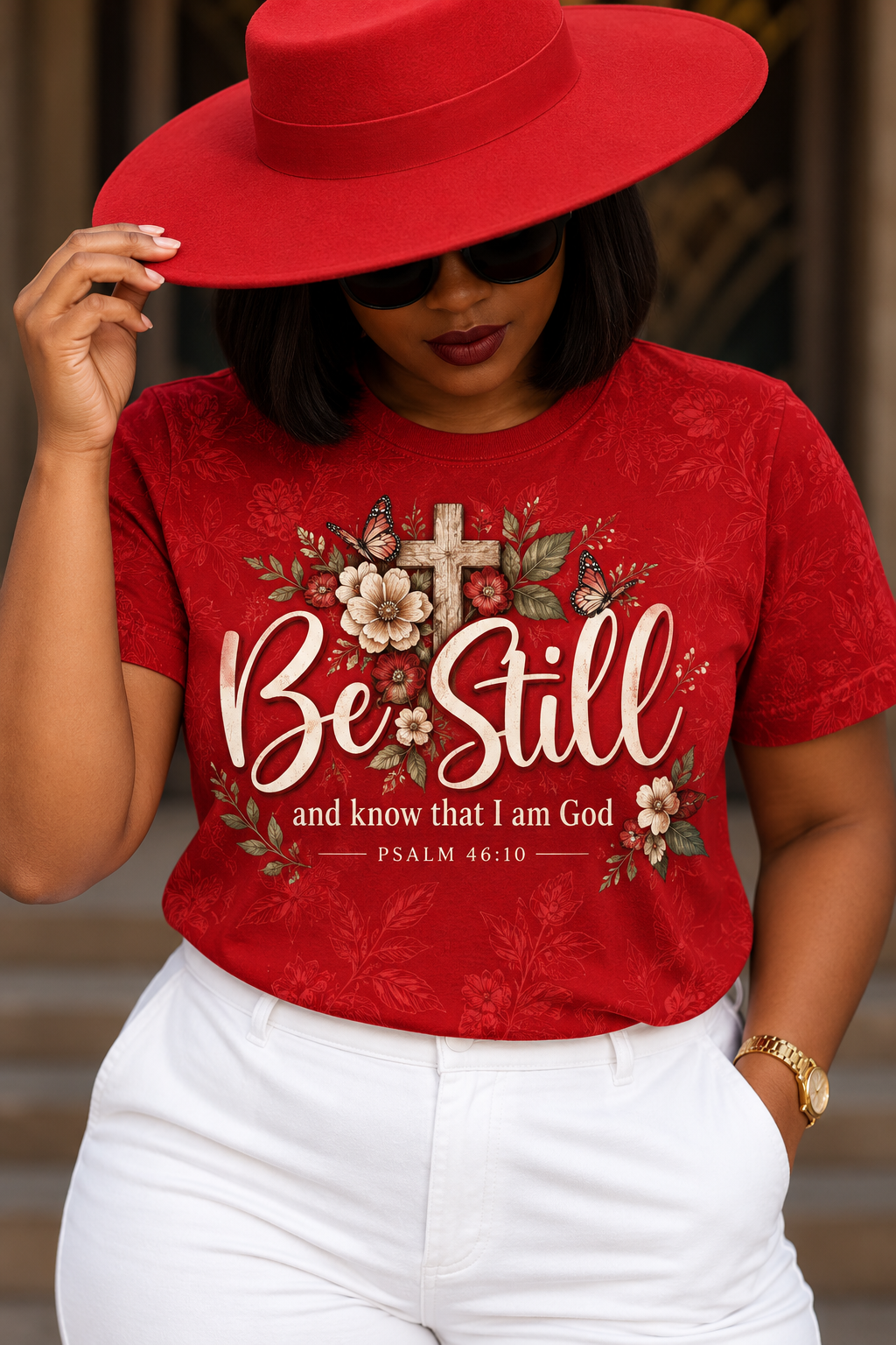 Be Still And Know Psalm 46:10 Red Floral Cross Christian T-Shirt