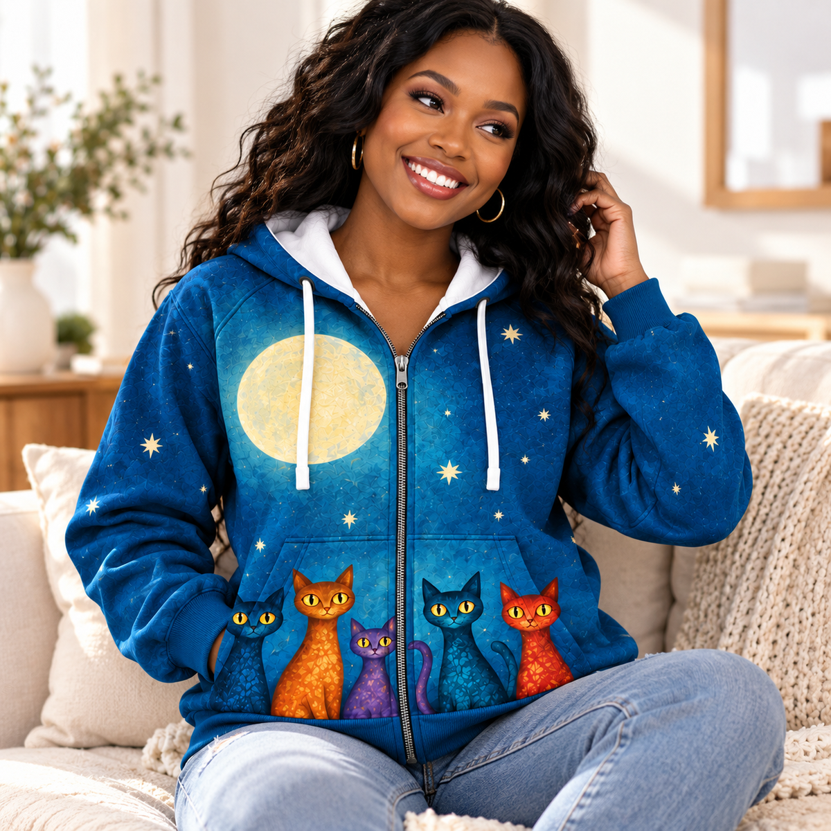 Personalized Moonlight Cats Zip Hoodie