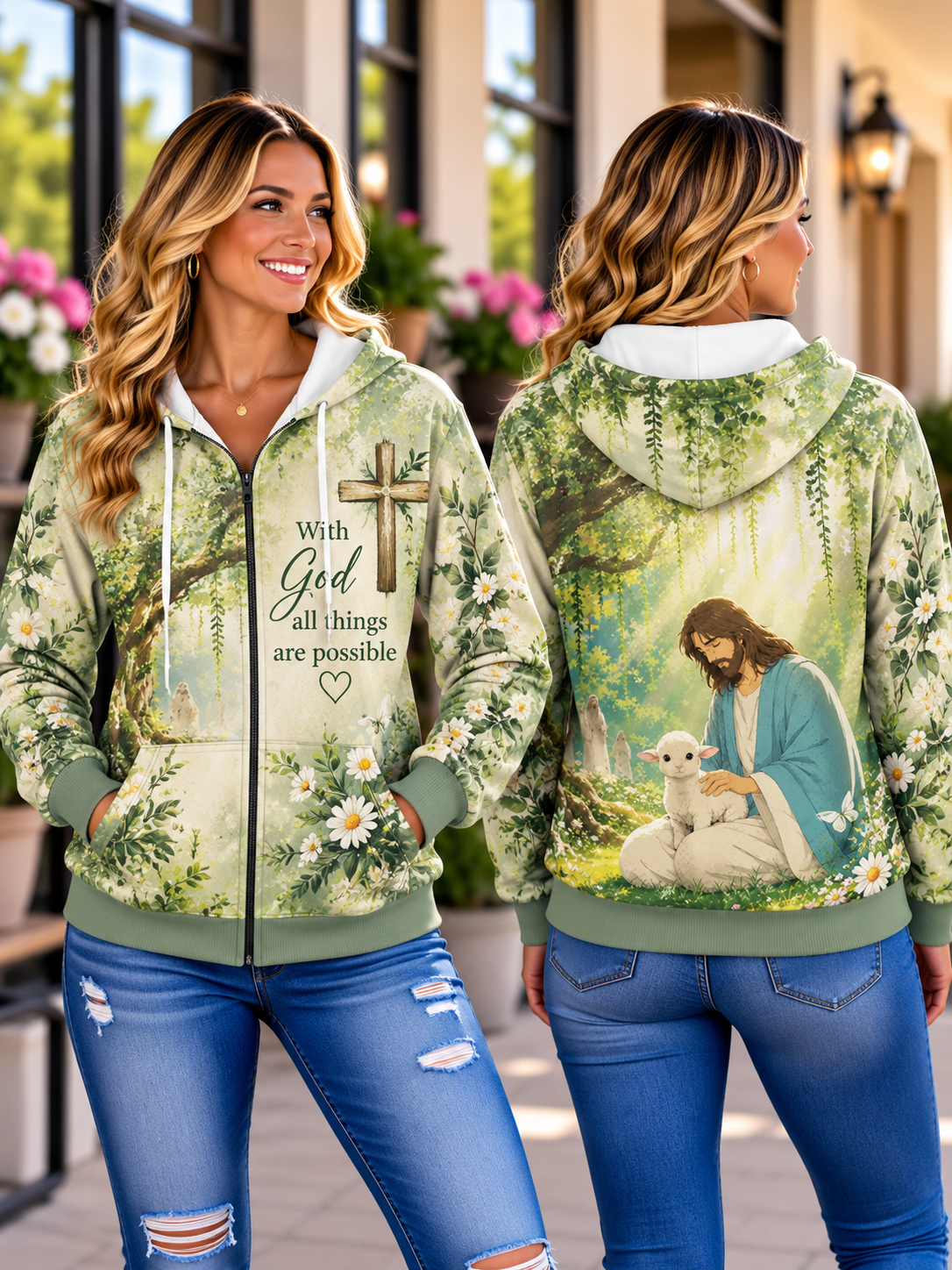 With God All Things Are Possible Jesus Lamb Zip Hoodie