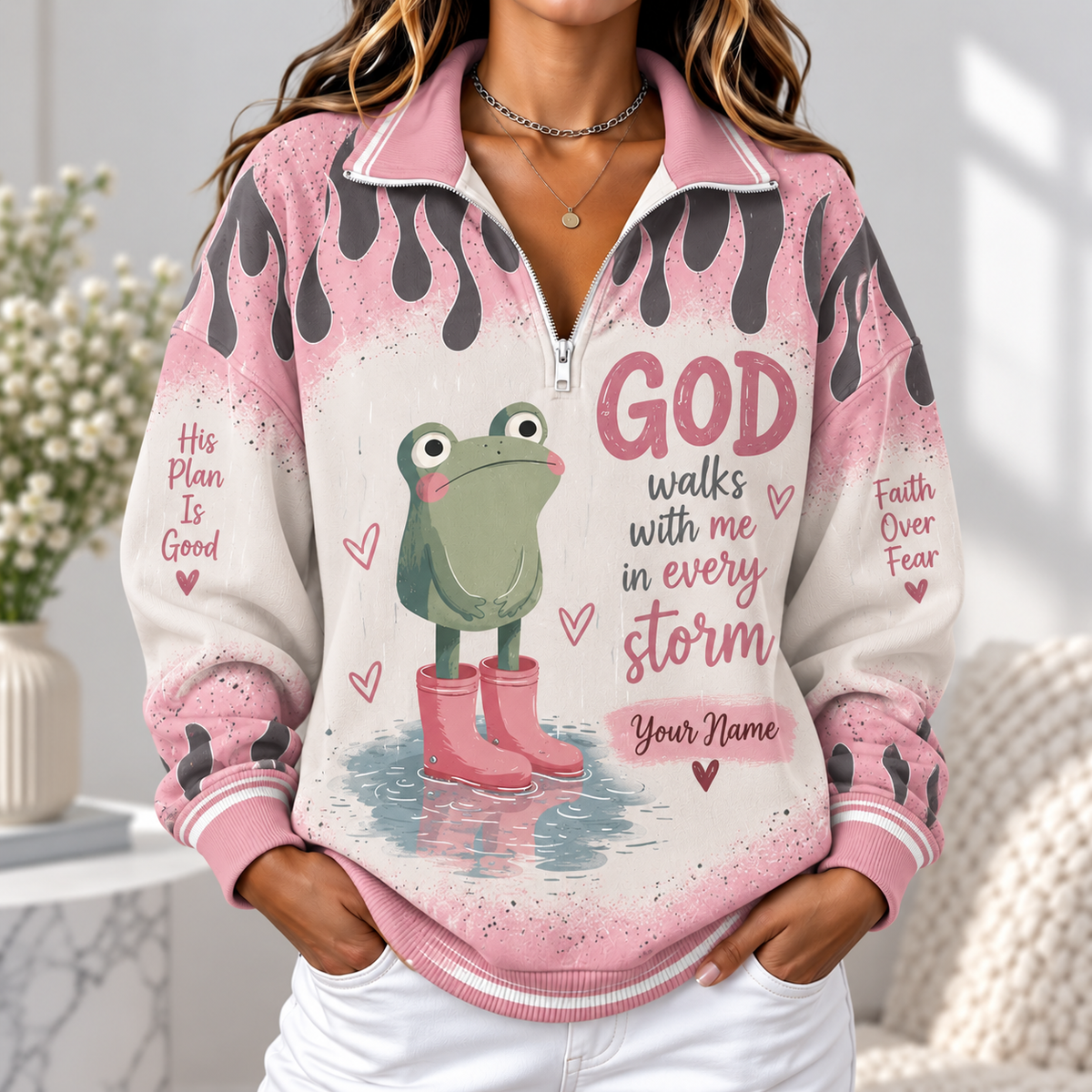 Personalized Pink Rain Boots Frog Women's Half-zip Sweatshirt NWY076
