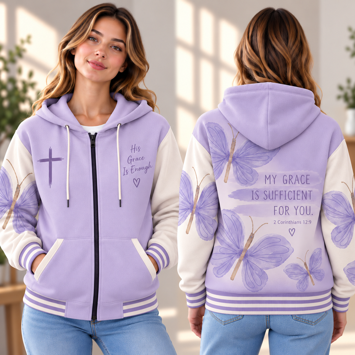 Lavender Butterfly Zip-up Baseball Jacket