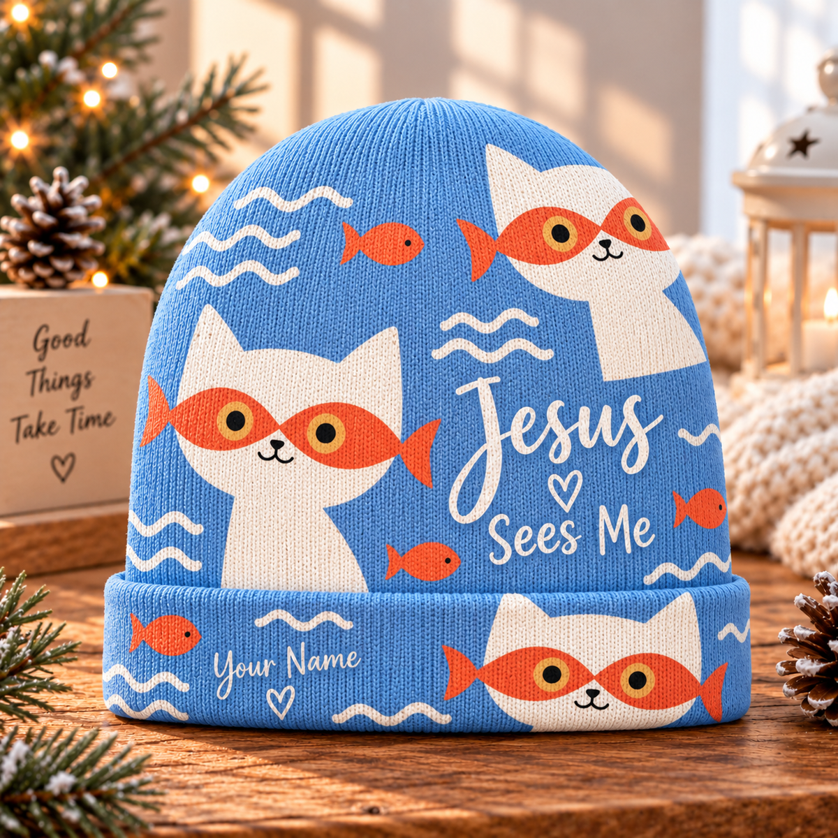 Personalized Cat Fish Blue Beanie Hat