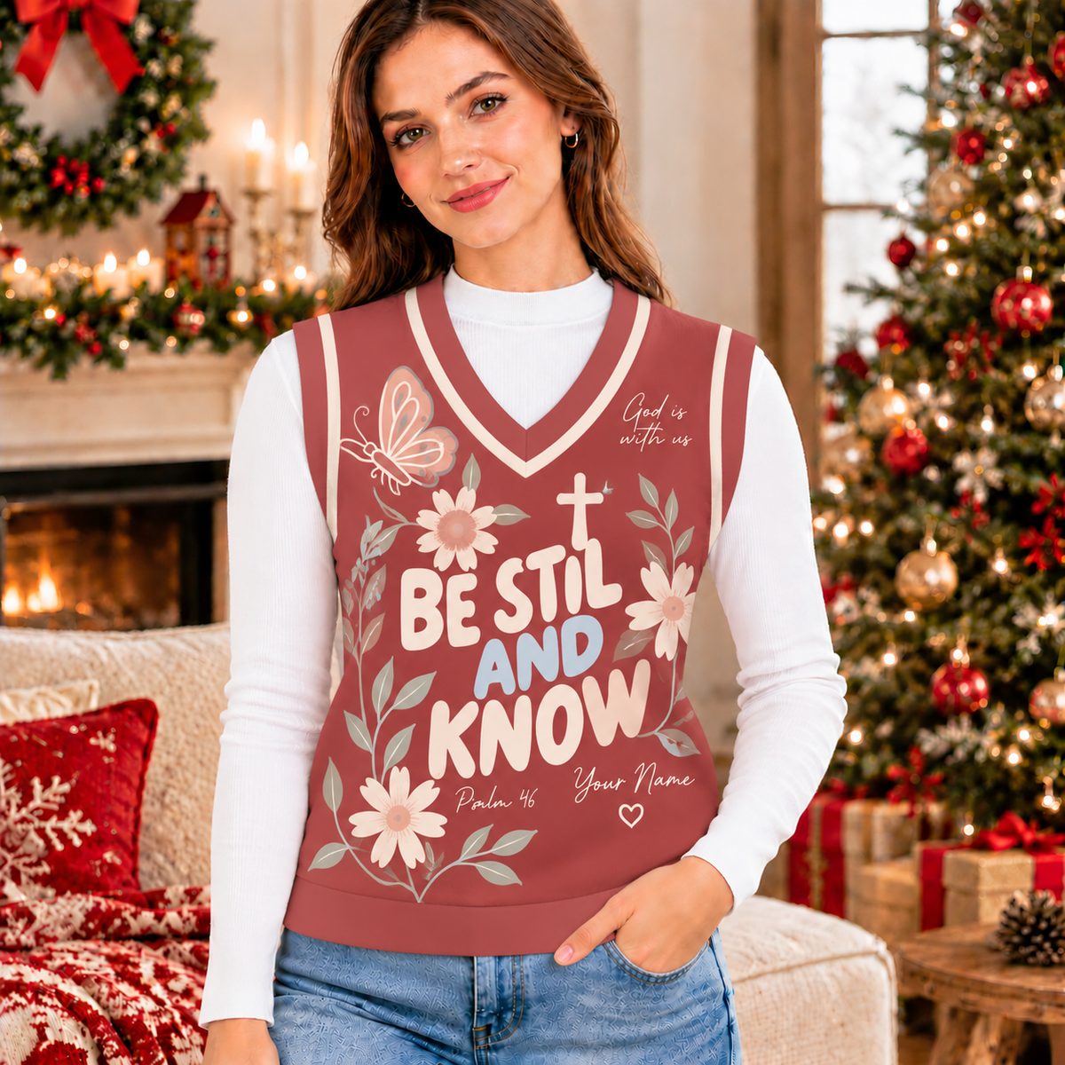 Personalized Daisy Butterfly Knitted V-Neck Vest