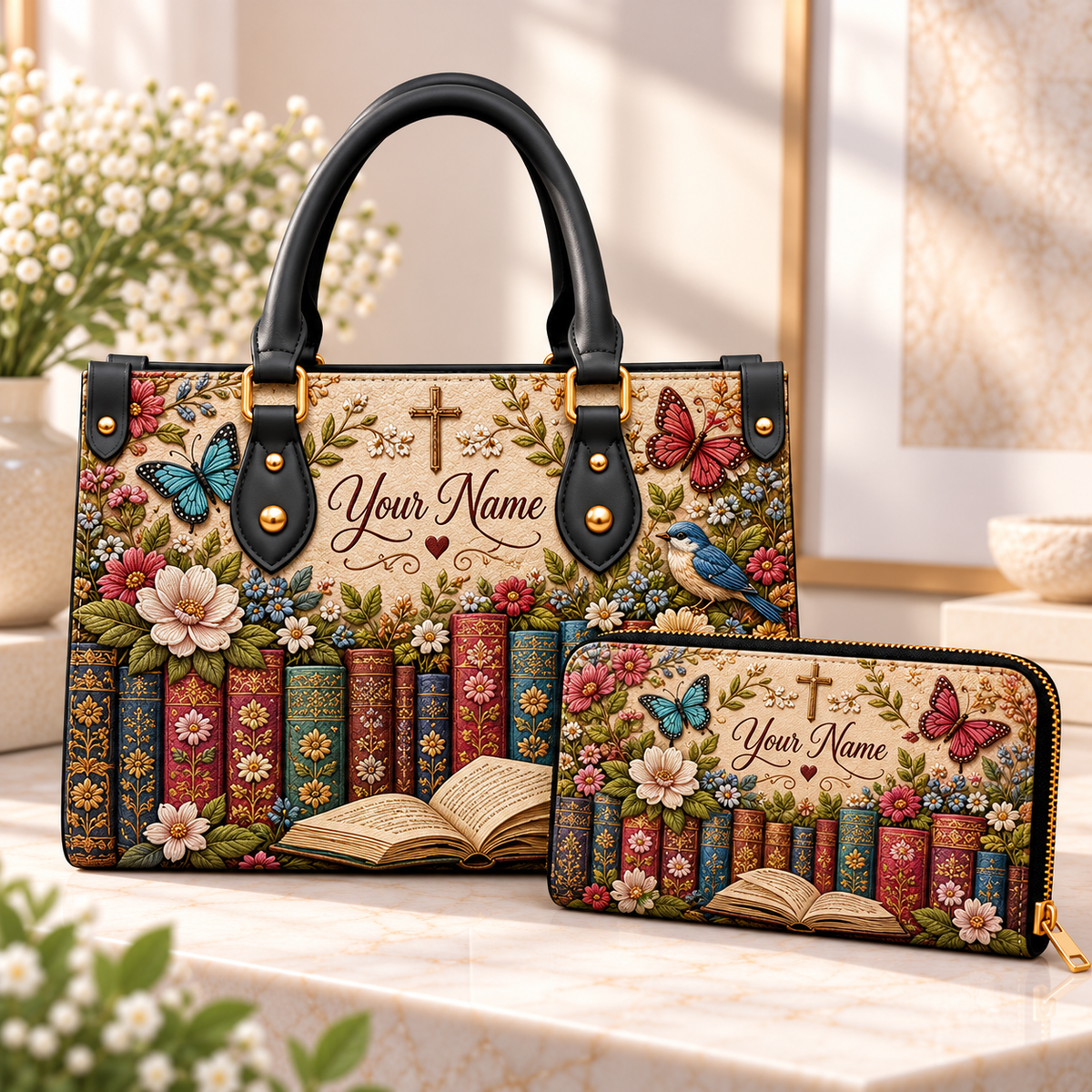 Personalized Floral Books PU Leather Handbag & Leather Long Wallet